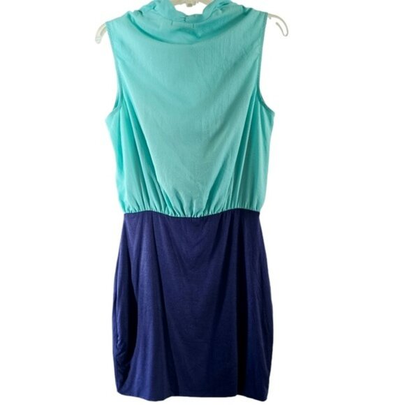 Soprano Women's Mini Dress Size Medium Aqua Navy Blue Draped Cascading Cocktail - Picture 11 of 13